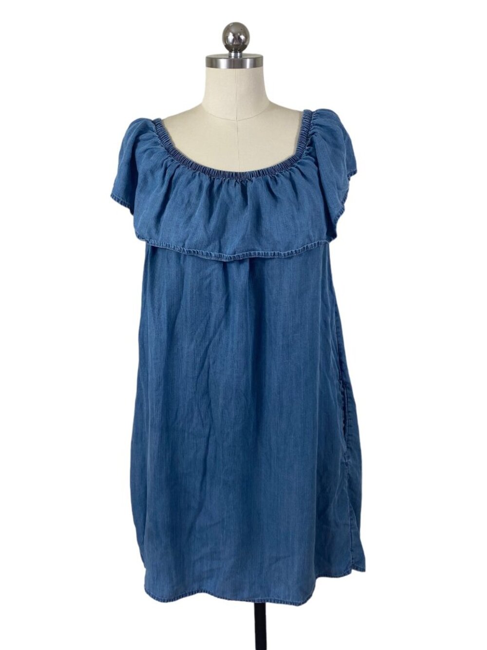American Eagle Chambray Ruffle Coastal Boho Prairie Shift Dress Womens M Blue